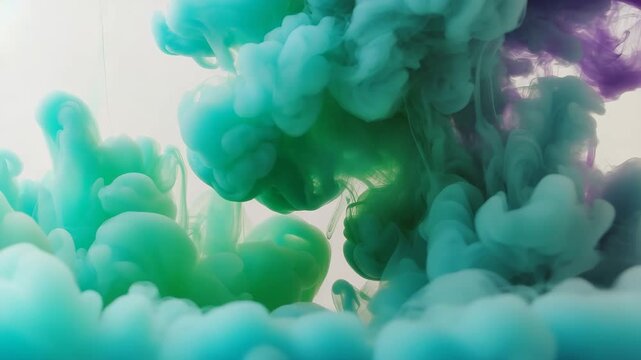 Ink fluid green blue swirling liquid motion abstract background soft cloud like shapes flowing
