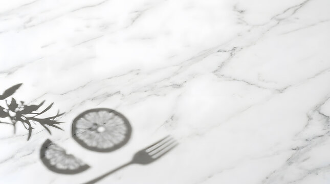 Fresh citrus slices and rosemary sprig with fork on marble surface, top view