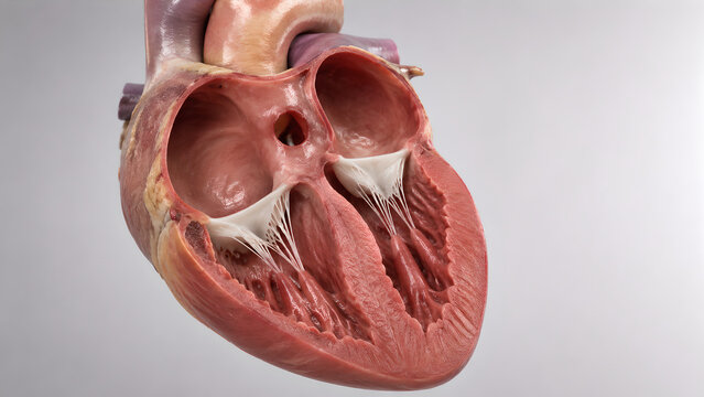 Human heart cutaway with congenital septal defect, ventricular septal defect, realistic valve anatomy, chamber detail, medical 3D render, clinical heart anatomy, septal opening image