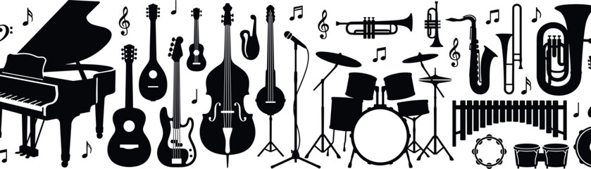 Musical Instrument Silhouette Collection with Grand Piano Guitars Violin Cello Drums Trumpet Saxophone and Tuba for Orchestra Vector Illustration © munzuara