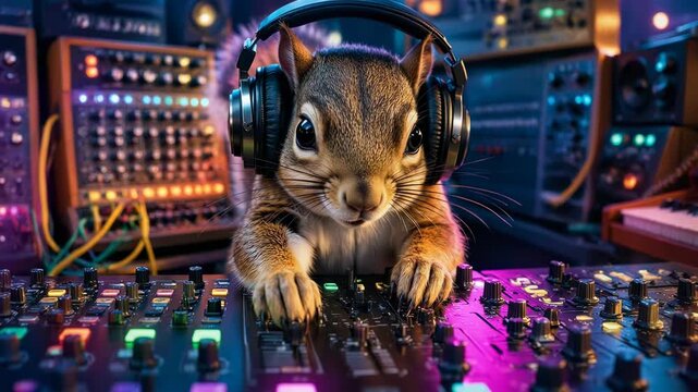 A cute fluffy squirrel wearing large professional headphones adjusts knobs on a complex music mixing console, set in a creative home recording studio with colorful ambient lighting, artistic.
