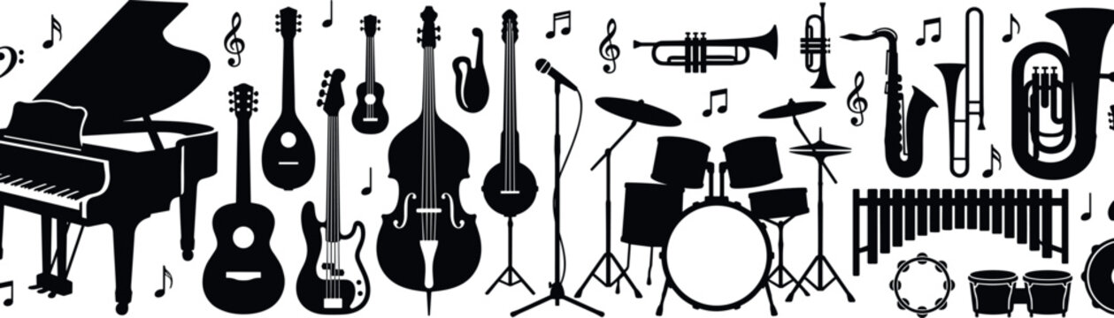 Musical Instrument Silhouette Collection with Grand Piano Guitars Violin Cello Drums Trumpet Saxophone and Tuba for Orchestra Vector Illustration