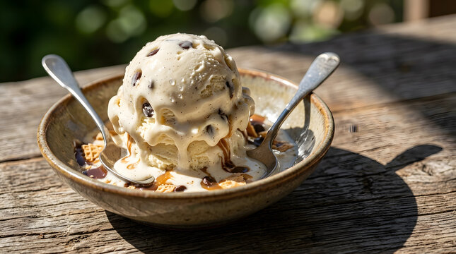 Chocolate chip ice cream in bowl with two spoons on rustic wooden table