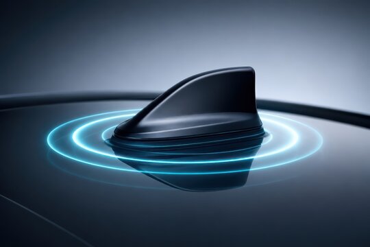 Futuristic car antenna with glowing blue signal rings on a sleek glossy roof surface