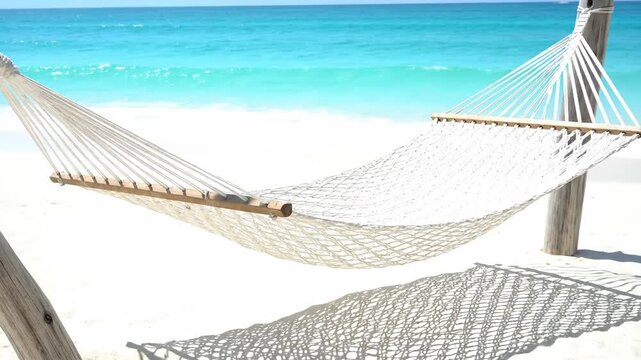 A white hammock hangs against a backdrop of a turquoise ocean and white sand. The soft light highlights the net's intricate details, casting shadows