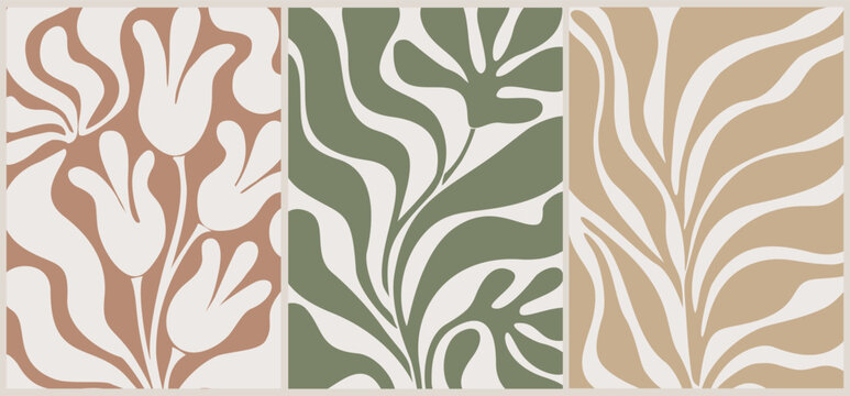 Soft abstract floral patterns in three color schemes. Warm tones echo natures gentle curves and flow. Perfect for calming interiors or minimalist design. Each panel offers distinct mood and texture