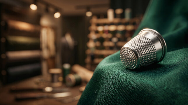 Sterling silver thimble on fold of deep emerald silk fabric, tailor's atelier