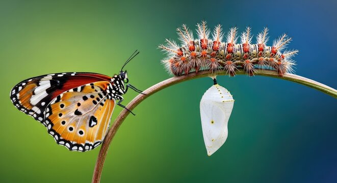 Monarch butterfly life cycle caterpillar chrysalis and emerged adult