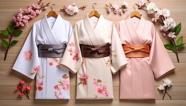 壁面にハンガーで美しく掛けられた3着のパステルカラーの和服