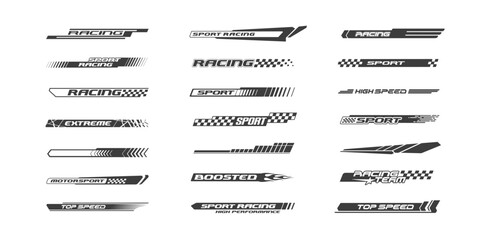 Abstract Racing graphics set. Sport car livery stickers. Black and white sports signs for racing cars branding. Sports theme banners - editable vector templates © VRTX