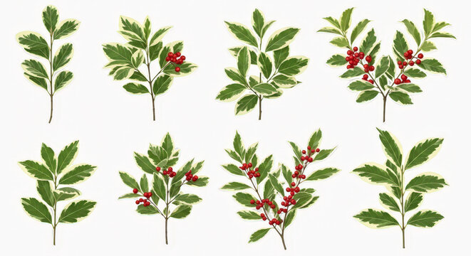 Variegated euonymus sprays with red berries arranged in a grid pattern for festive christmas