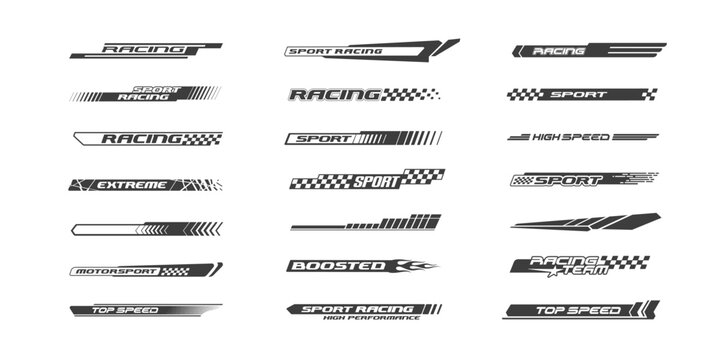 Abstract Racing graphics set. Sport car livery stickers. Black and white sports signs for racing cars branding. Sports theme banners - editable vector templates