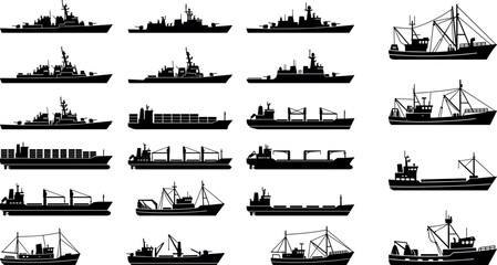 Ship and Boat Silhouette Collection Set with Navy Warship Cargo Container Vessel and Fishing Trawler for Maritime Transport Vector Illustration © munzuara