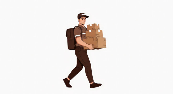 Delivery driver carrying boxes with professional attire isolated on a clean white background