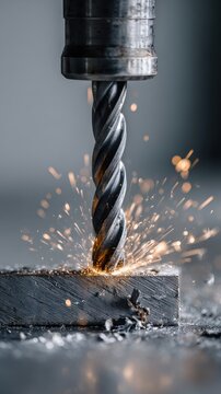High-speed metal drilling process captured with sparks flying and metal shavings falling during industrial machining operation in a workshop environment