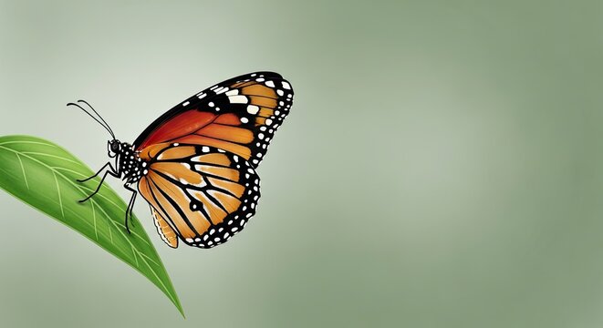 Monarch butterfly resting on a vibrant green leaf detailed illustration