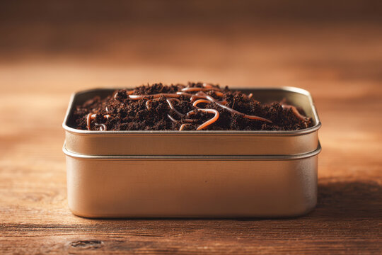 Earthworms crawling on rich dark soil inside a small metal container placed on a wooden surface with warm background lighting creating a natural earthy scene