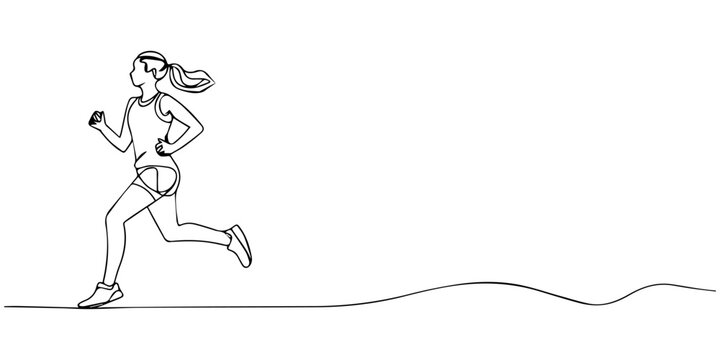One line drawing of female runner sprinting side view elegant fitness motion outline vector illustration, Continuous one line drawing of woman running athlete minimal vector illustration for sport fit