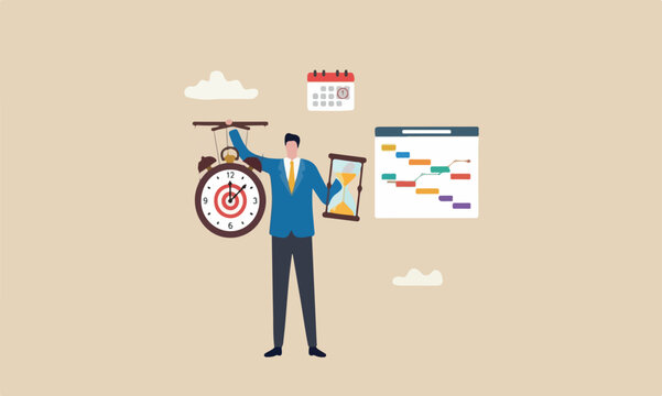 Control time within or red big bullseye target efficiency, productive project manager concept, businessman hand control time with clock puppet