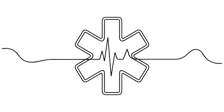 Star of Life medical sign in continuous line art drawing style. Emergency medical services symbol.one line Art icon drawing vector, One continuous line drawing of medical cross icon with pulse inside.