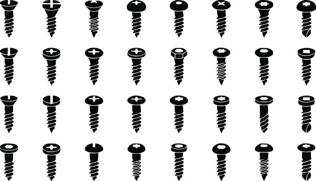 Screw head types and drive styles vector icons set