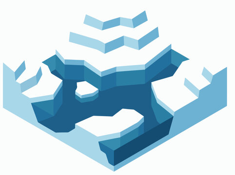 Isometric arctic iceberg illustration. Cool blue tones showcase glacial textures and depth. Clean, modern design suitable for climate change visuals.
