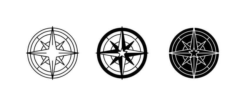 Navigation Compass Icons, Nautical Star Symbols, Directional Rose Wind Vane Graphics, Set of 3 Vector Illustrations