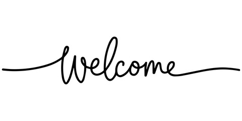 One continuous line drawing typography line art of welcome word writing isolated on white background, One continuous line drawing typography line art of welcome word writing isolated on white © Parboti