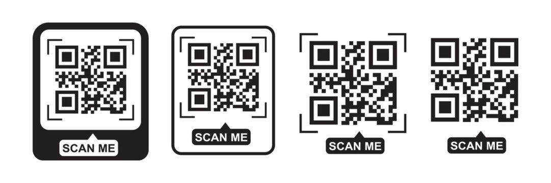 QR code scan icon vector set. Scan me fake QR code template for smartphone payment, mobile app QR scan icons, digital payment and phone vector illustration