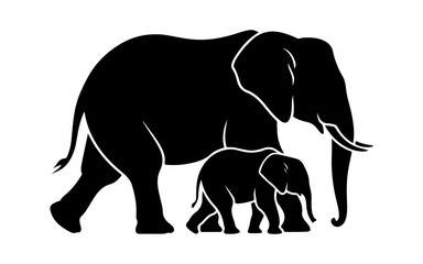 Obraz premium Silhouette of an adult mother elephant walking together with a baby calf