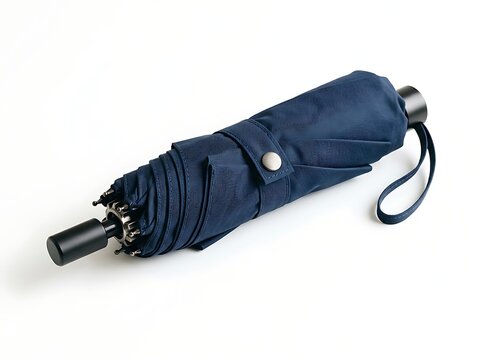 Umbrella Folded Navy Blue Portable Rain Protection on White