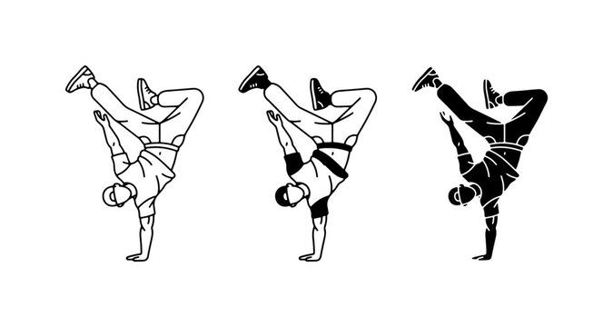 Breakdancing Silhouette and Outline Vector Set, Dynamic Hip Hop Dancer Poses, Urban Street Dance Art, Athletic Movement Illustration