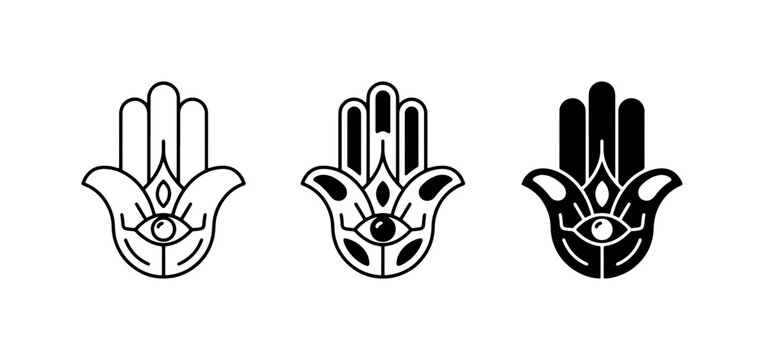 Hamsa Hand Symbols, Evil Eye Protection Icons, Hand of Fatima Talismans, Spiritual Amulets, Vector Graphics Set