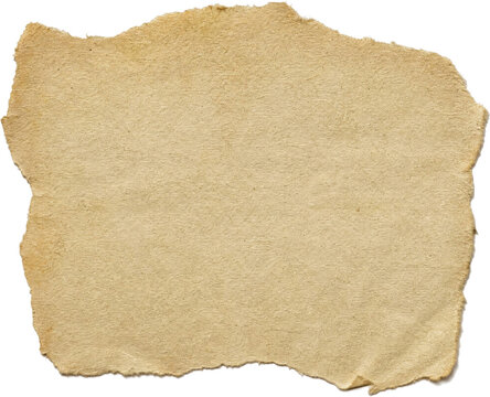 Aged beige parchment paper fragment with irregular torn edges and antique texture for historical or retro design projects isolated on a transparent background