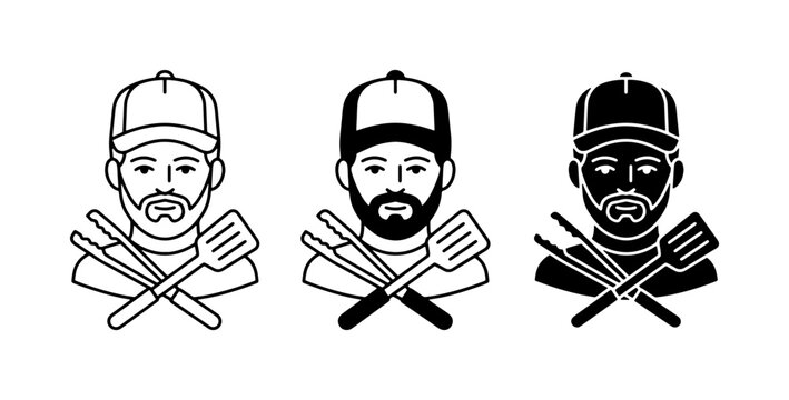 Barbecue Chef Icons, Grill Master Vector Set, Pitmaster Illustration Collection, Culinary Professional Graphics