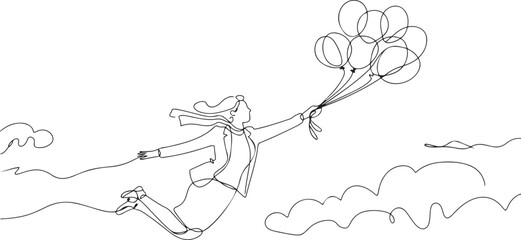 Fototapeta premium Continuous one line drawing happy wealthy businesswoman flying with balloon air in the sky. Office worker achieve financial independence. one line icon drawing vector