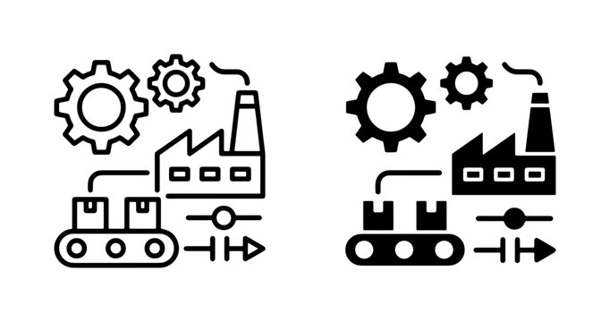 Industrial Factory Production Line Icons, Manufacturing Process Symbols, Automation Workflow Graphics, Engineering Logistics Vector Set