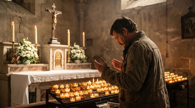 Man praying in a church with lit candles in front of an altar