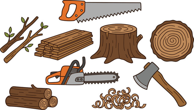 Lumber and Forestry Icon Set with Logs Stump Planks Axe Chainsaw and Handsaw Vector Illustration