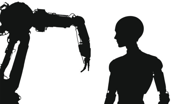 A robotic arm extends towards a humanoid robot silhouette, symbolizing future technology and automation.