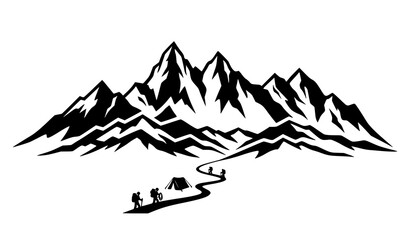 Simple black mountain range silhouette with a winding path and camping tent. © Songkari