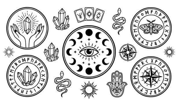 Collection of mystical celestial symbols, tarot cards, and esoteric elements.