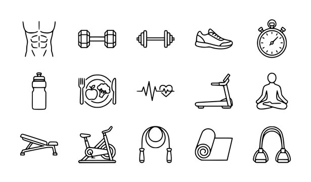 Workout and healthy fitness lifestyle icons featuring exercise equipment.
