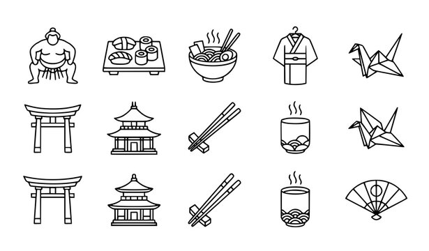 Traditional Japanese culture and travel icons set featuring sumo, sushi, and torii gate.