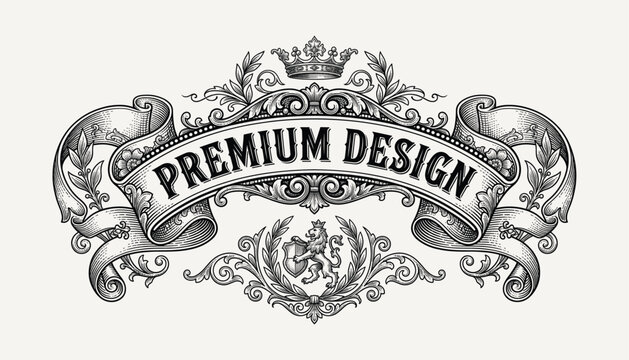 Intricate black and white ornate emblem featuring a central crest with lion, surrounded by symmetrical floral scrolls and a decorative banner with the text Premium Design set against a light beige.