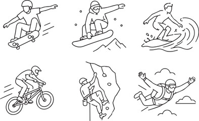 Fototapeta premium Extreme Sports Action Vector Line Art Icons