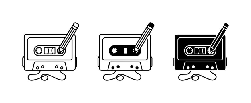 Retro Cassette Tape Icons, Vintage Audio Recording Symbols, Analog Music Storage Vector Graphics