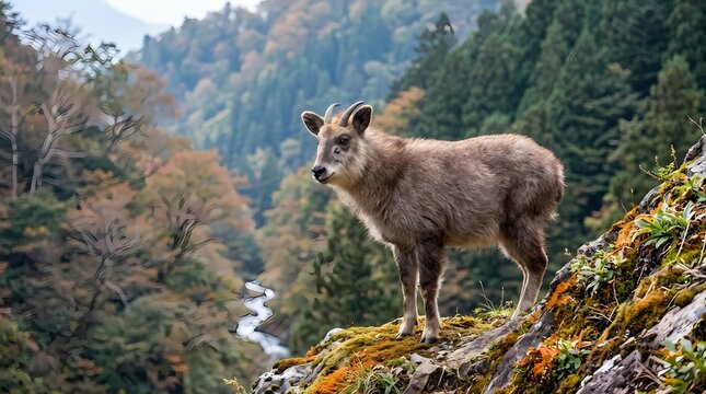 Majestic Japanese serow standing proudly upon a rugged rocky cliff edge within the wild mountain forest