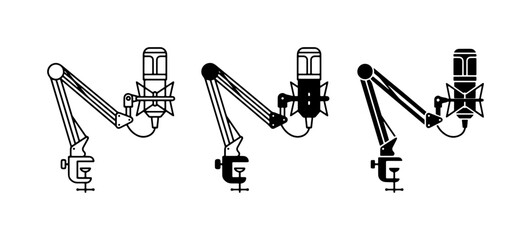 Microphone Boom Arm Icons: Studio Microphone Set, Podcast Equipment Graphics, Broadcast Arm Illustrations © Sadia