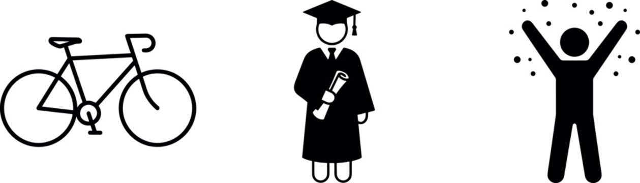 Bicycle Transport Icon with Graduate Student in Cap and Gown and Celebrating Person Vector Set for Education and Success Design